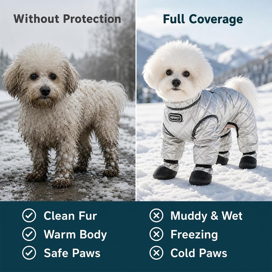 Dog Winter Suit with Boots, Full Coverage Dog Snowsuit，Silver：Large