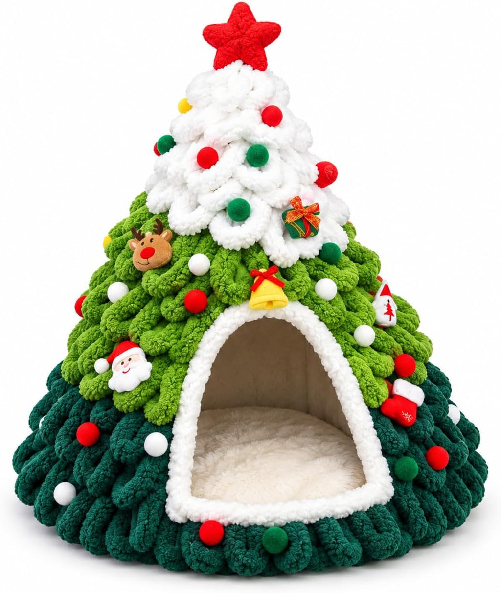 Christmas Tree Cat Bed, Cozy Holiday Cat Cave for Indoor Cats, 3D Christmas Cat House with Semi-Enclosed Hideaway, Folda