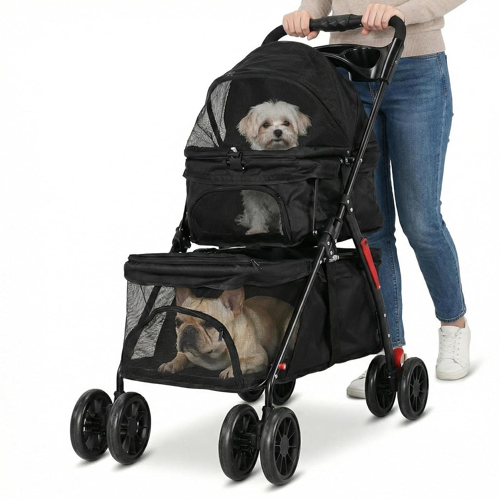 Double Pet Stroller for Small Cats and Dogs Foldable Kittens Puppies Travel Strolling Cart with Belts Cup Holder & Locka