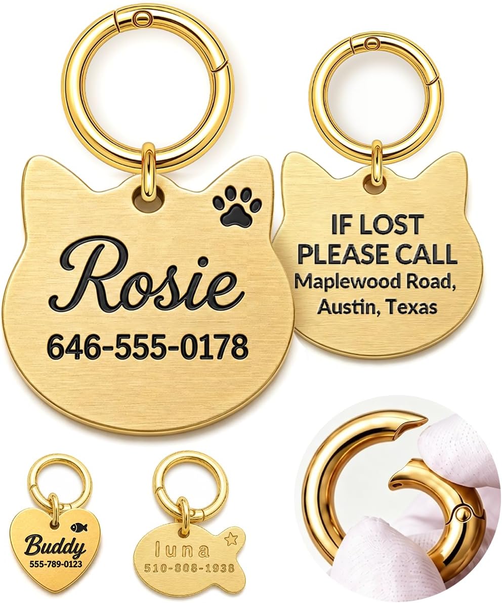 Personalized Cat Tag, Solid Brass Cat ID Tag, Deep Engraved Pet Name Tag