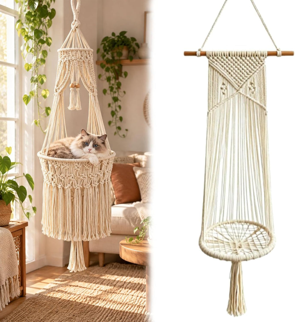Boho Hanging Cat Bed, Macrame Cat Hammock with Plush Cushion (#A)