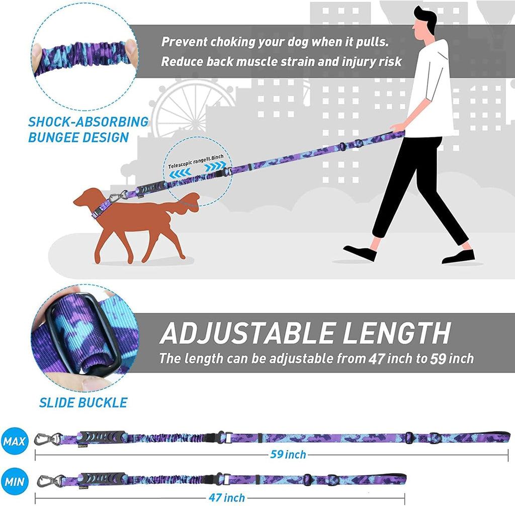 Tactical Bungee Shock Absorbing No Pull Dog Leash,Purple Camo,4-6FT