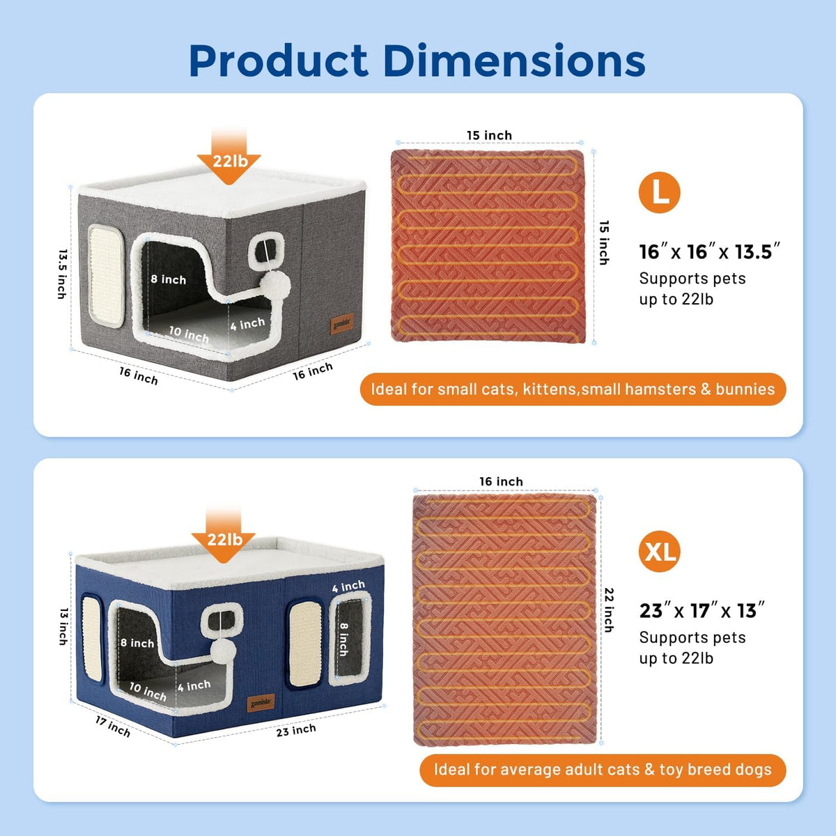 Heated Cat House Bed for Indoor Cats, Cat Hideway Cube for Sleeping