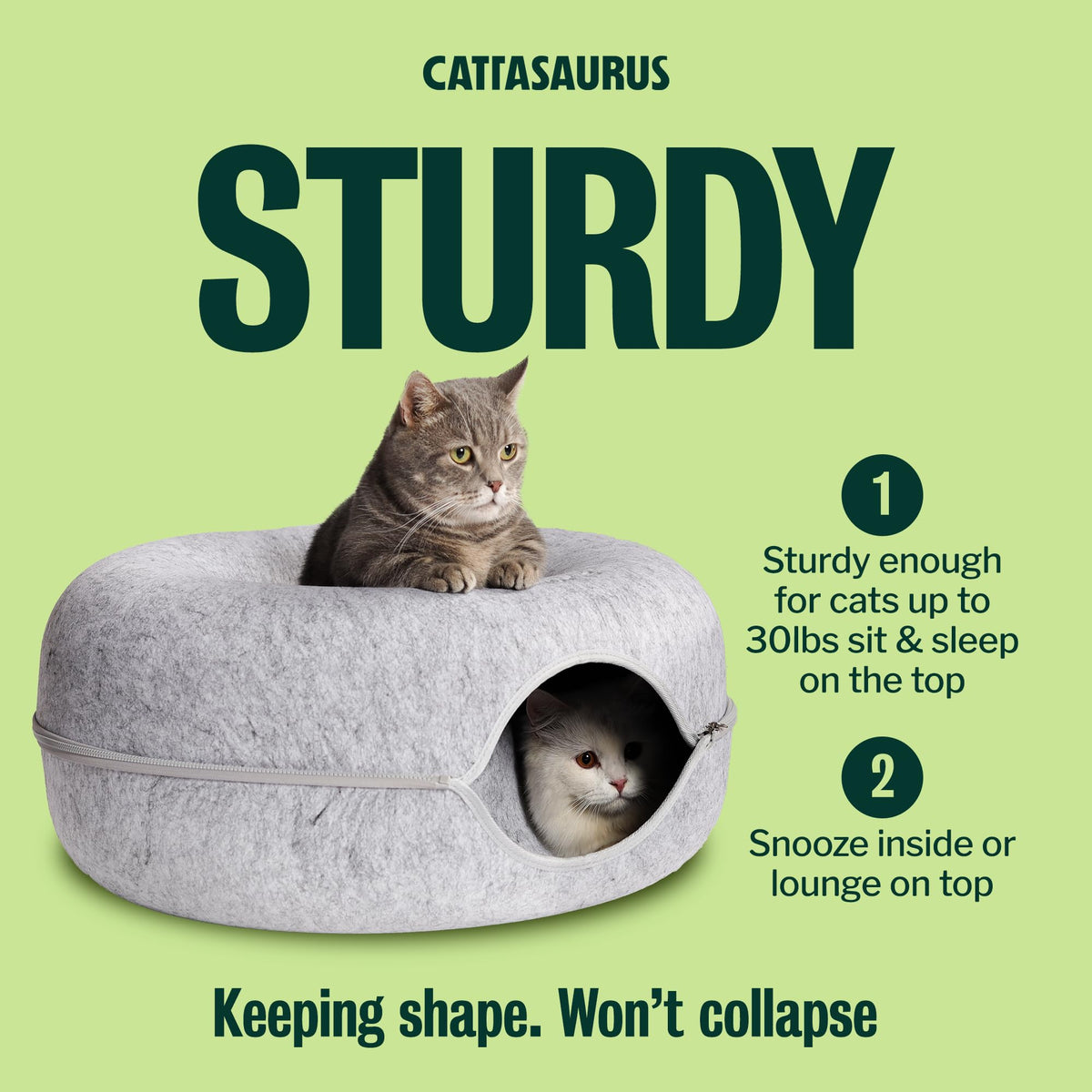 Cattasaurus 4-in-1 Peekaboo Cat Cave, Donut Tunnel, Self Warming Bed & Cat-Friendly Scratcher - Original Innovation, High-Density Felt, Extra Large for Multiple Cats up to 30-45 lbs, 12 Color Choices