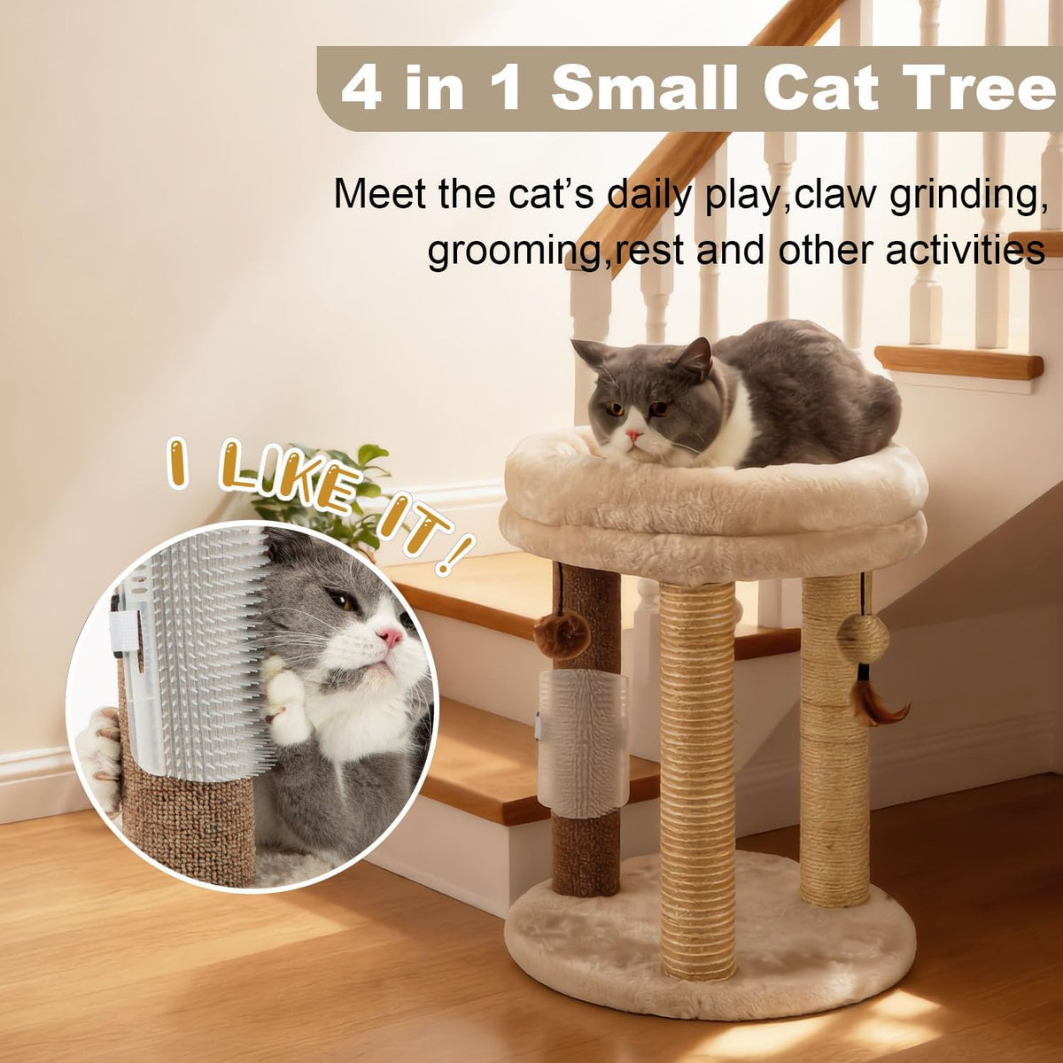 MECOOL 4in1 Small Cat Tree,Scratching Post with Tower Soft Bed, Sisal Carpet Jute Posts with Three Hanging Ball Toys and