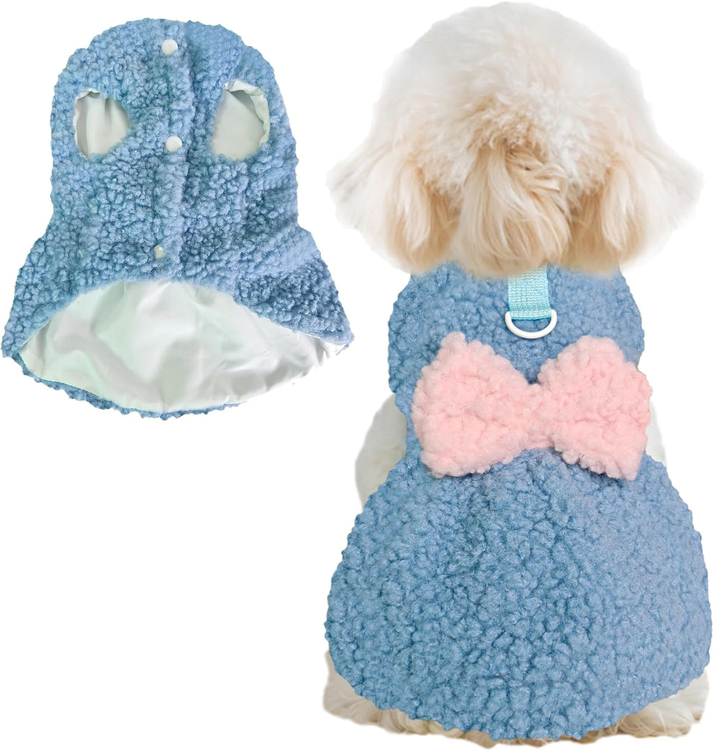 Winter Dog Dress with Bow & Leash Ring, Warm Puppy Clothes for Small Dogs