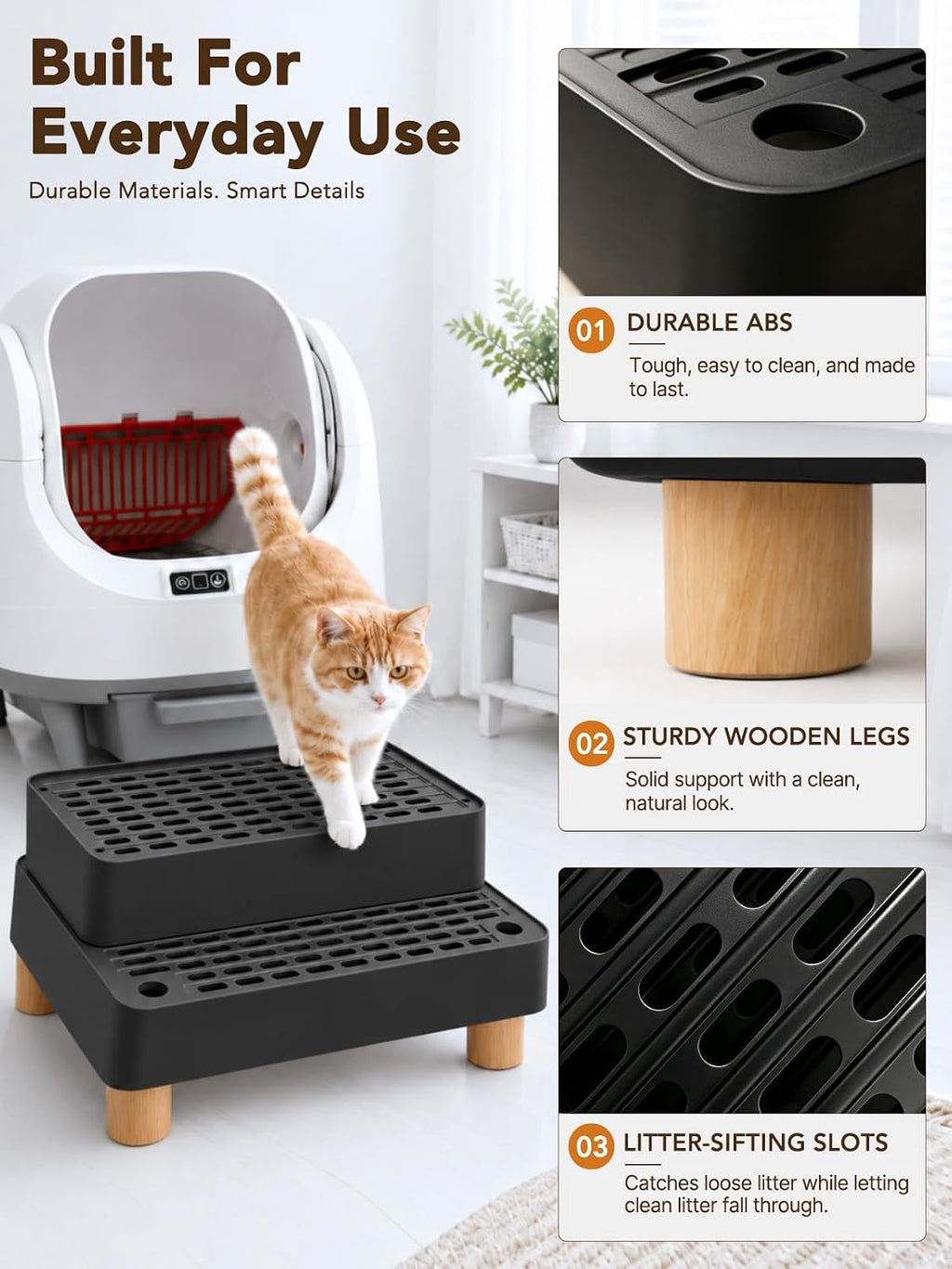 CALMEN Litter Box Step, Double-Layer Litter Catcher, for Kittens & Seniors