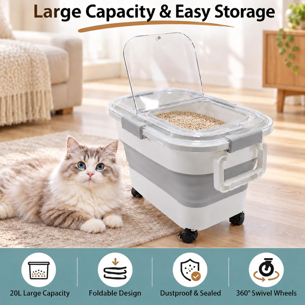 Collapsible Cat Litter Storage Container 30 Lbs with Rolling Casters,Pethiy