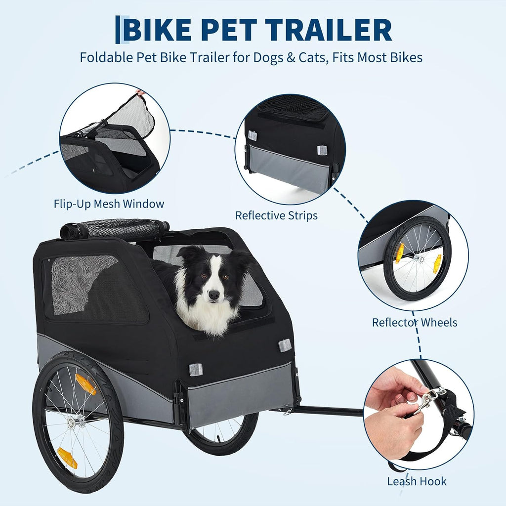 Heavy-Duty Compact Dog Bike Trailer, 100 lb Capacity, Black