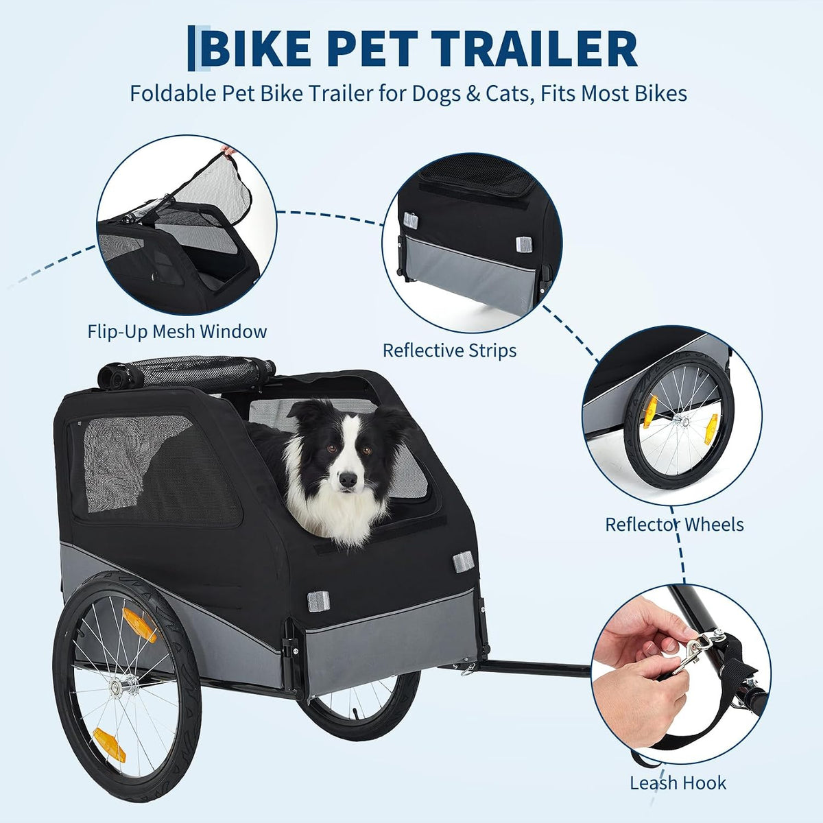 Heavy-Duty Compact Dog Bike Trailer, 100 lb Capacity, Black