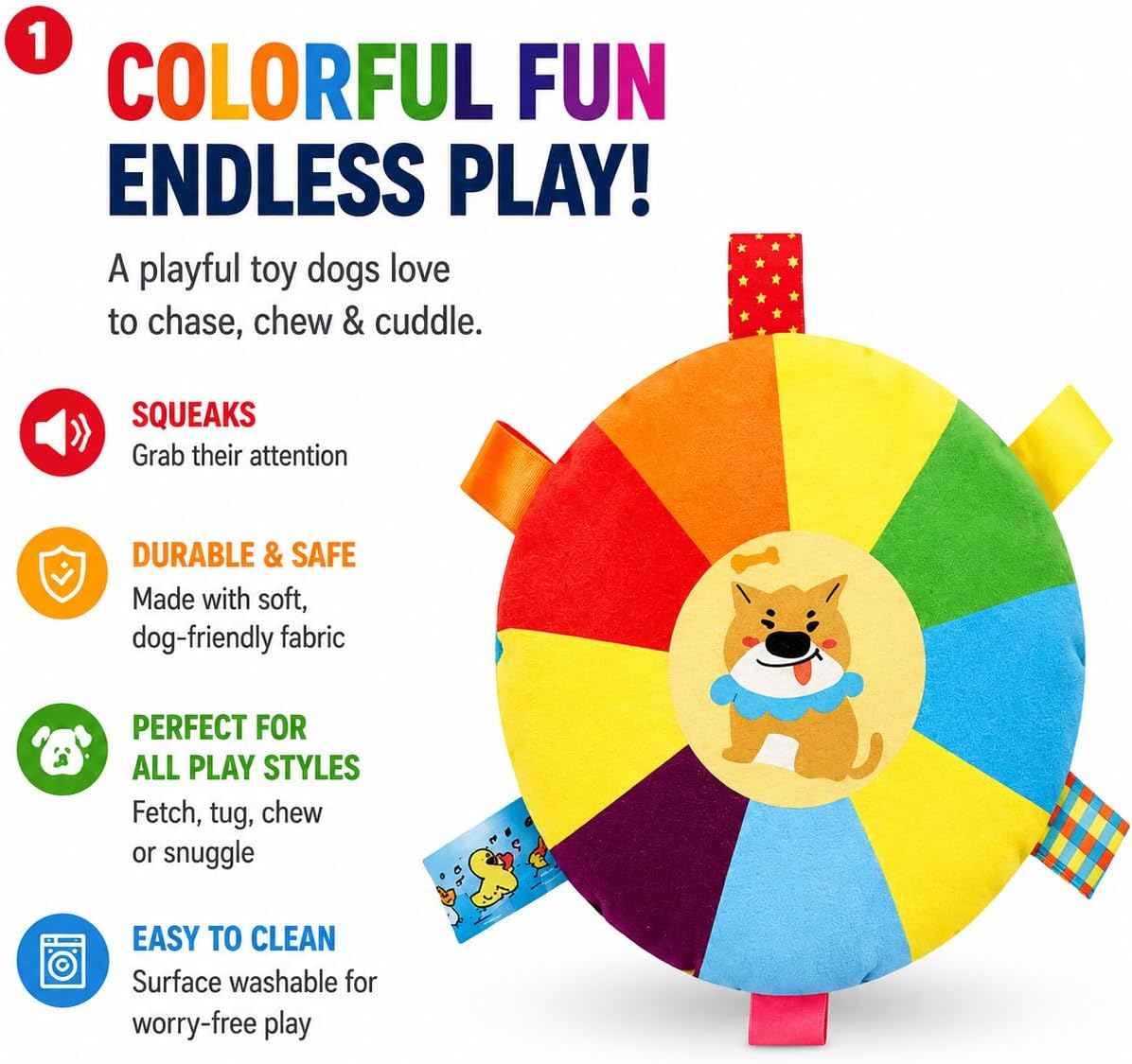 Rattle Flying Disc Dog Toy, Interactive Frisbee for Fetch, Rainbow Plush