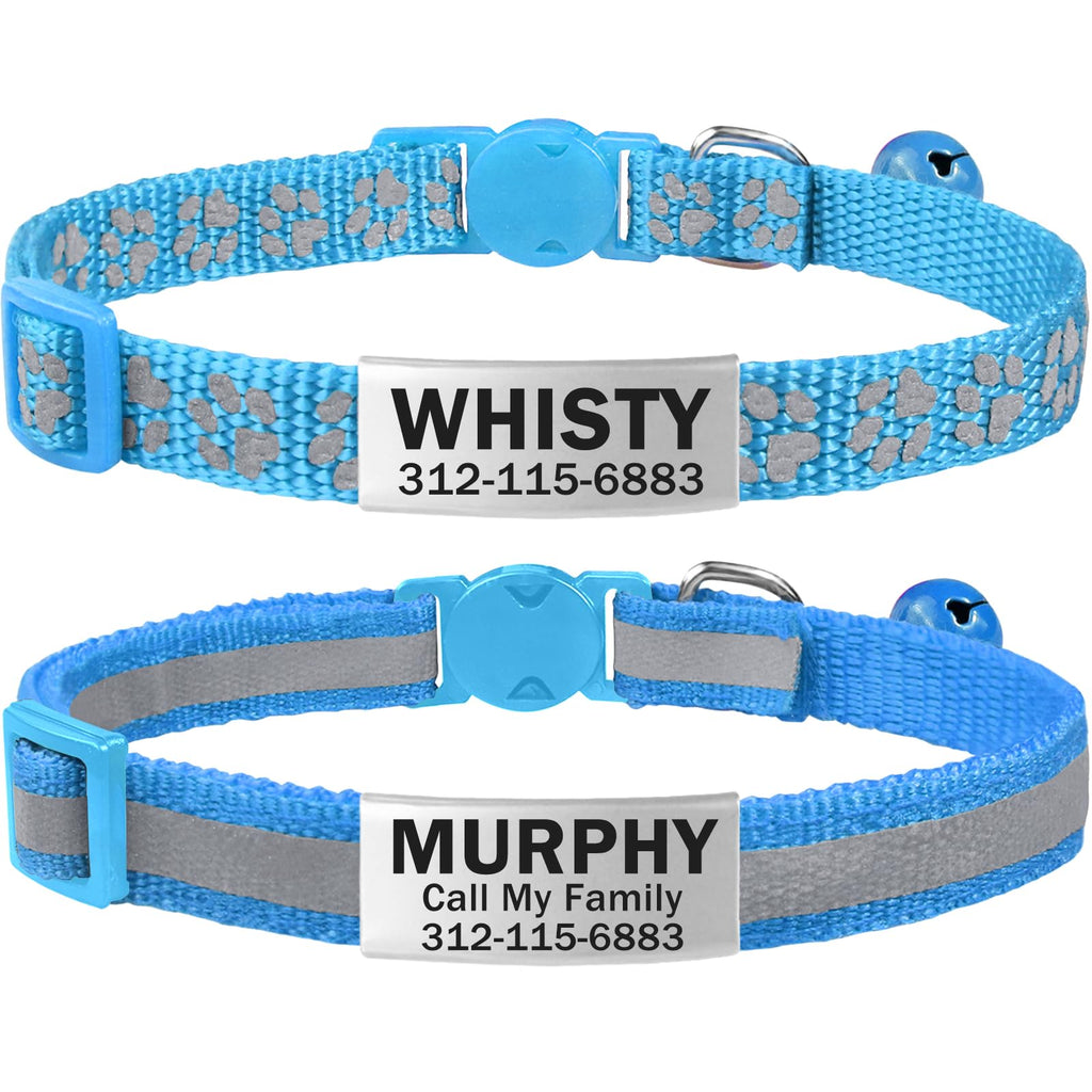 TagME 2 Pack Breakaway Cat Collar, Reflective, Name Tag for Kitten, SkyBlue