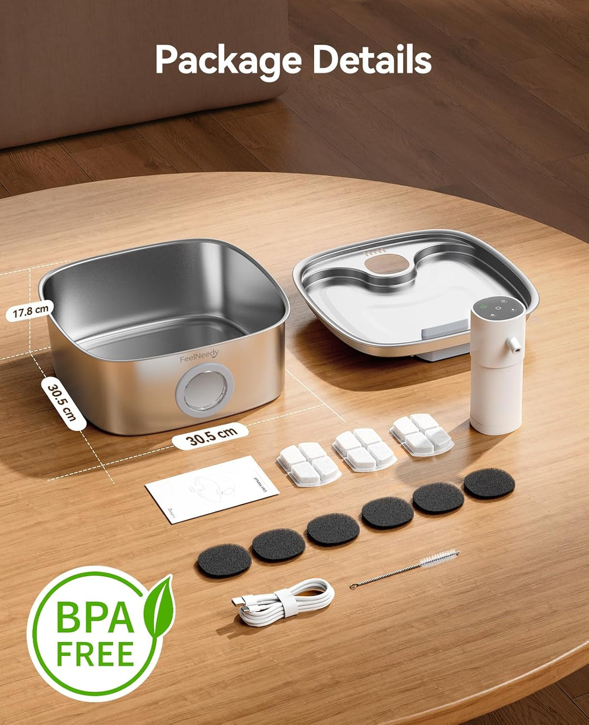Cordless Wider Tray Dog Water Fountain, 5000mAh Battery Operated Dog Water Bowl Dispenser with 3 Motion Sensor, FEELNEED