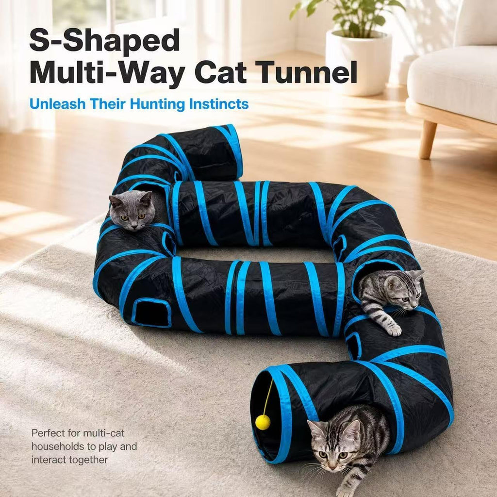 Black 6-Way Connectable Cat Tunnel, Collapsible Multi-Exit Pet Play Toy for Indoor Kittens