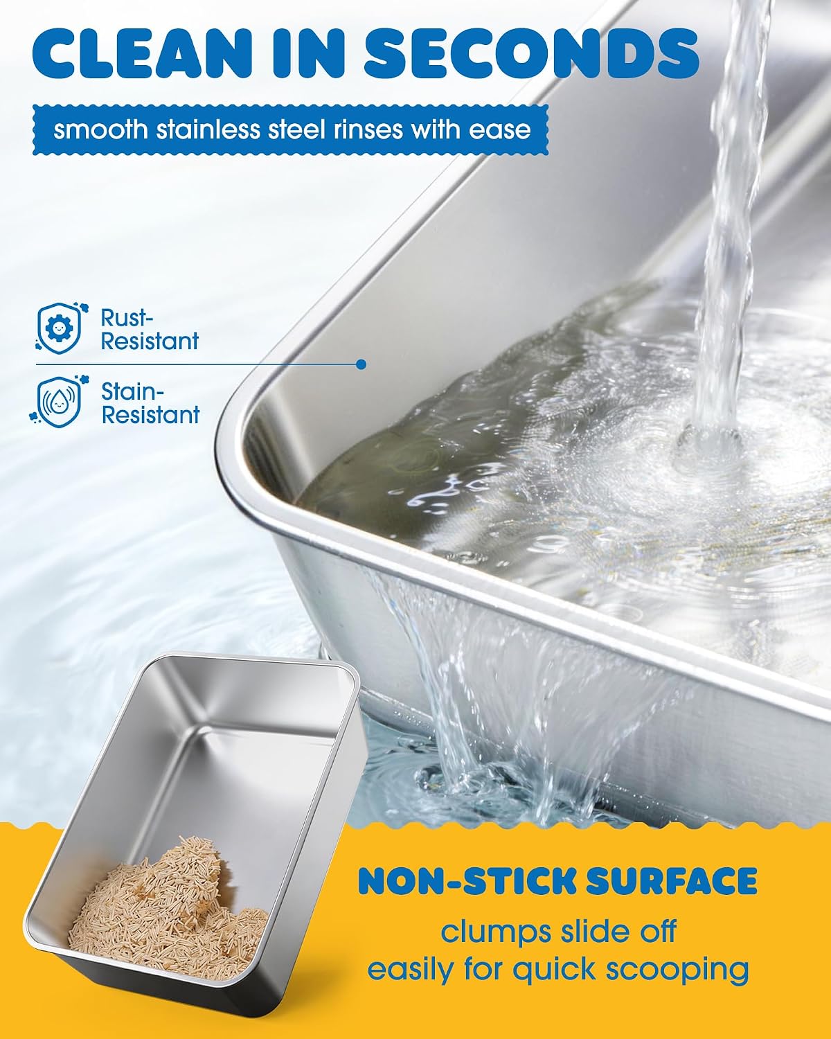 Powools Stainless Steel Cat Litter Box, High-Sided, Grey, M (1 Pack)