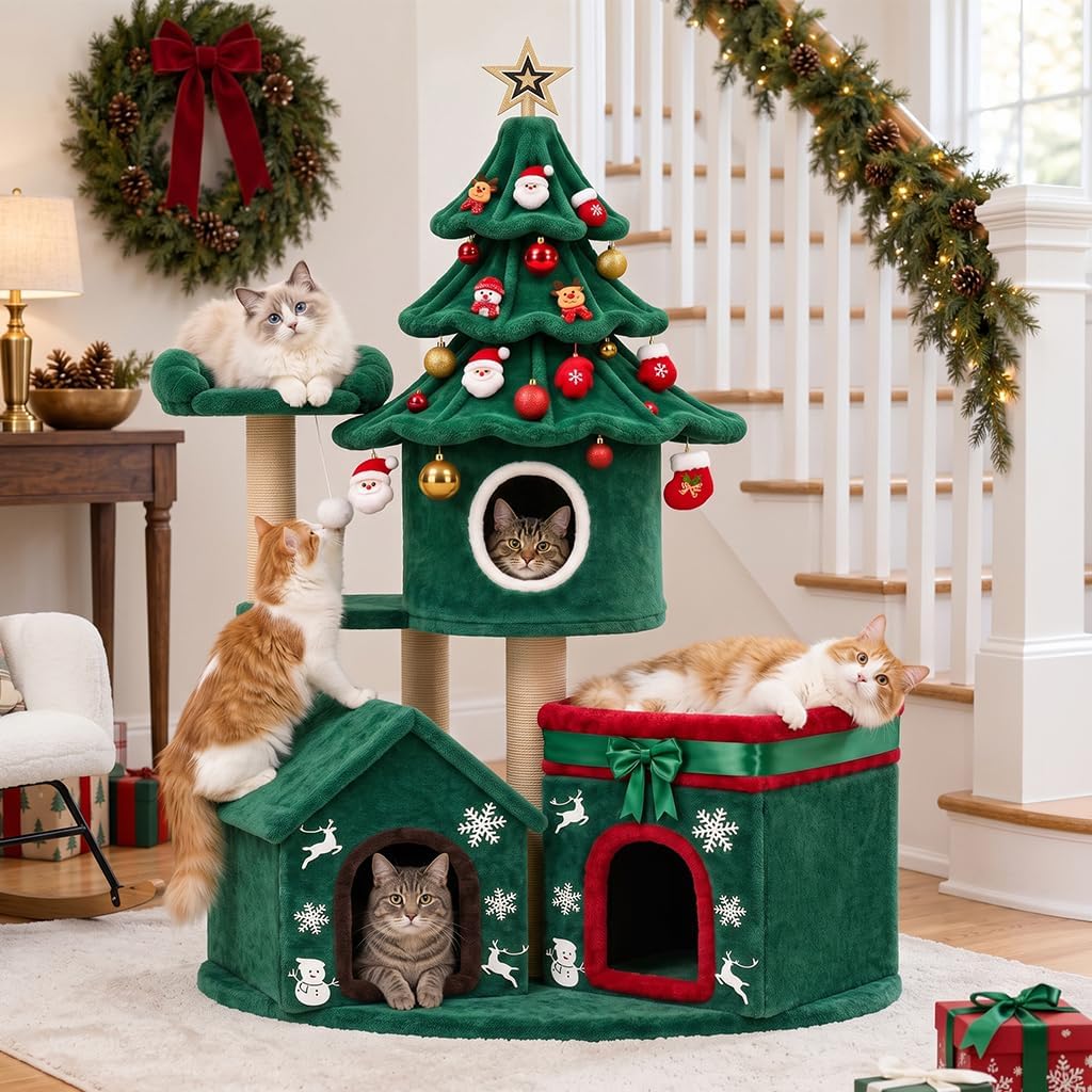 LUCKLIFE 63" Christmas Cat Tree Multi-Level Cat Condo Tower