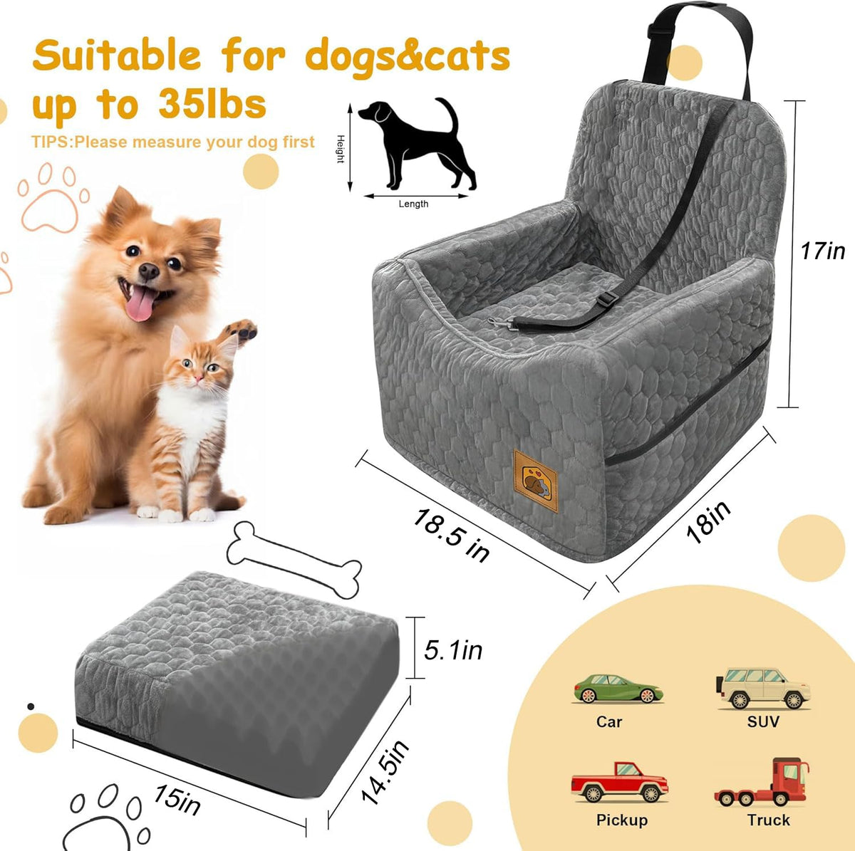 Dog Car Seat for Small/Medium Dogs, Memory Foam Dog Booster Seat, Travel Safety Per Car Seat with Washable Removable Cover, Storage Pockets for Dogs up to 35 lbs