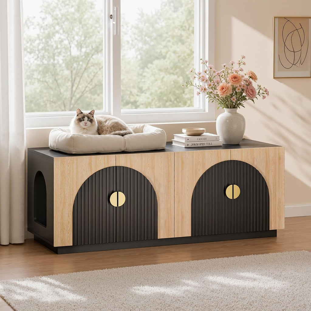 Amunrbrek Cat Litter Box Enclosure Furniture, 31.5" Arched Fluted Cabinet