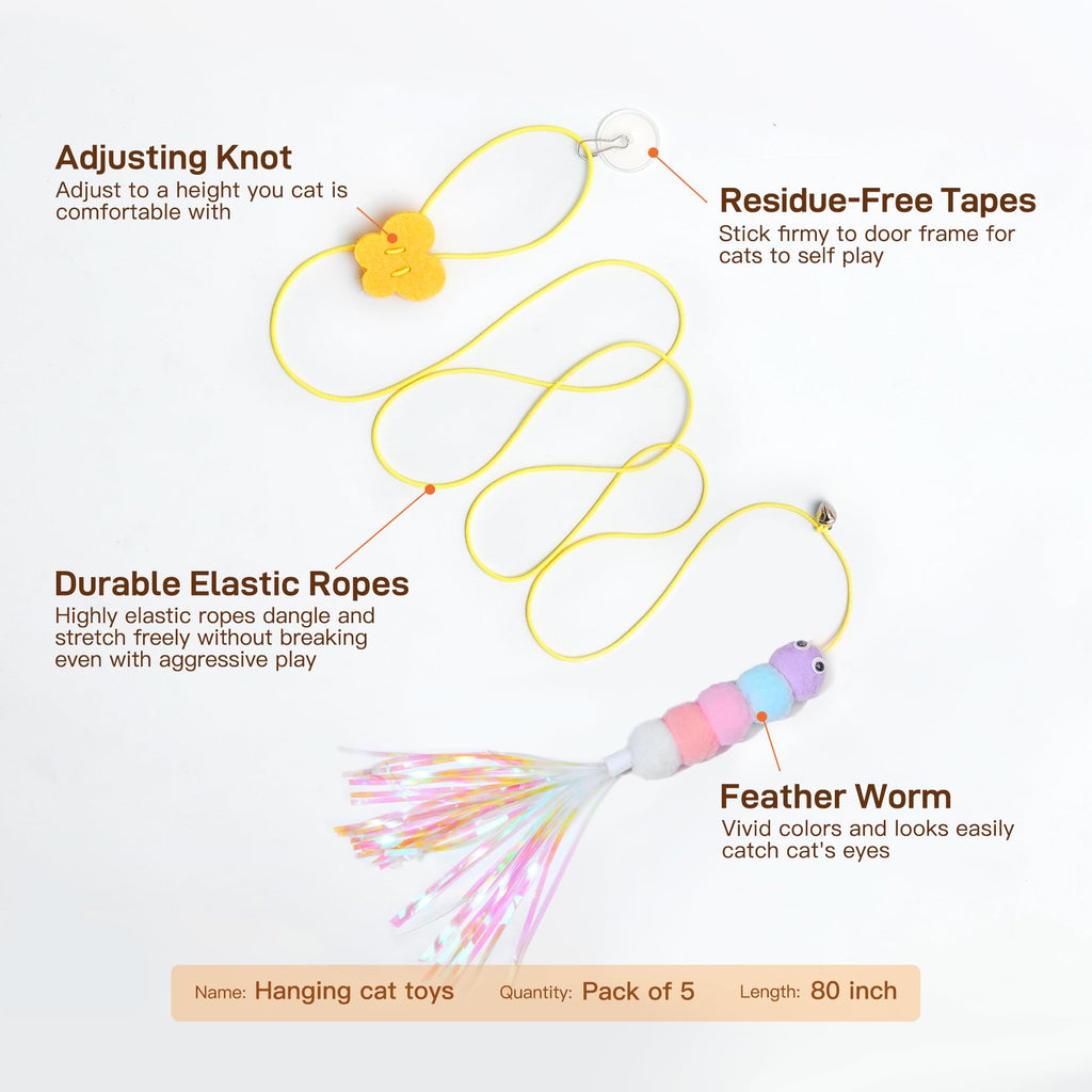 Potaroma Interactive Cat Feather Toys 5 Pcs, Cat Teaser Retractable Hanging Indoor Kitten Play Chase Exercise, Mental Physical Stimulation for All Breeds and Species