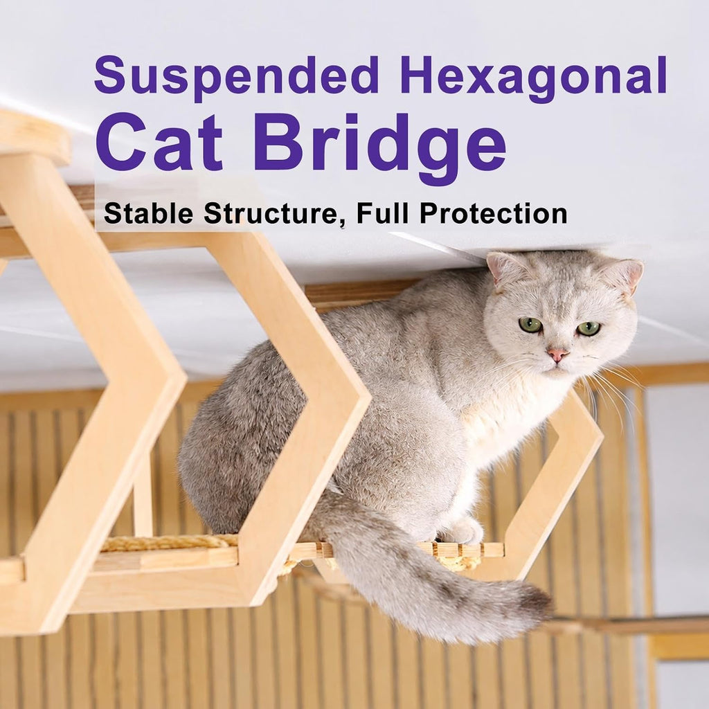 Wooden Ceiling Mounted Cat Bridge, DIY Cat Wall Shelves with Rope Walkway