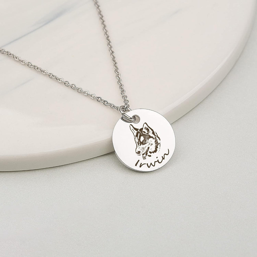 Anavia Personalized Pet Portrait Necklace, Handmade Memorial Jewelry Gift, Custom Round Disc Photo Engraved Necklace for