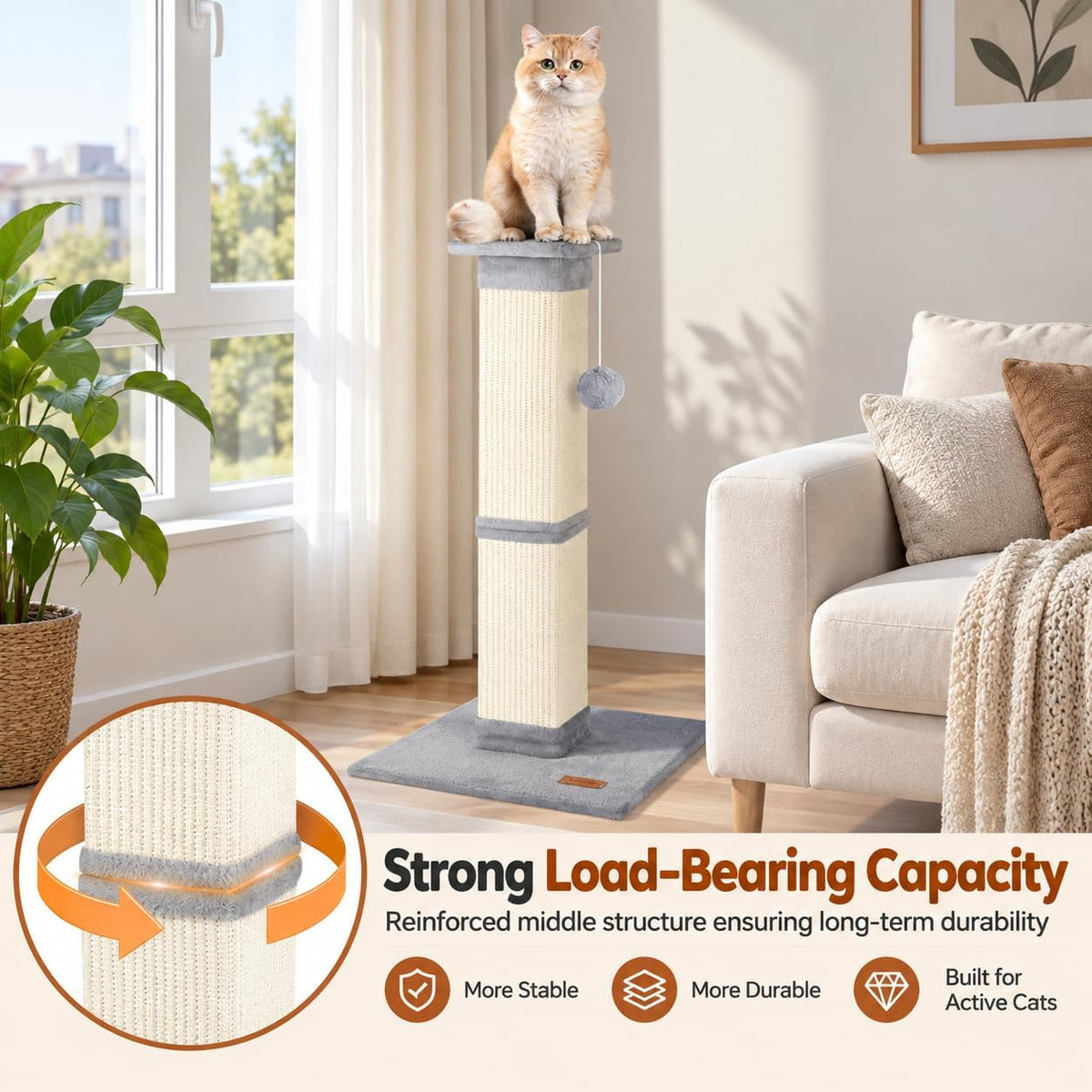 Cat Scratching Post 33 Inch for Indoor Cats, Grey