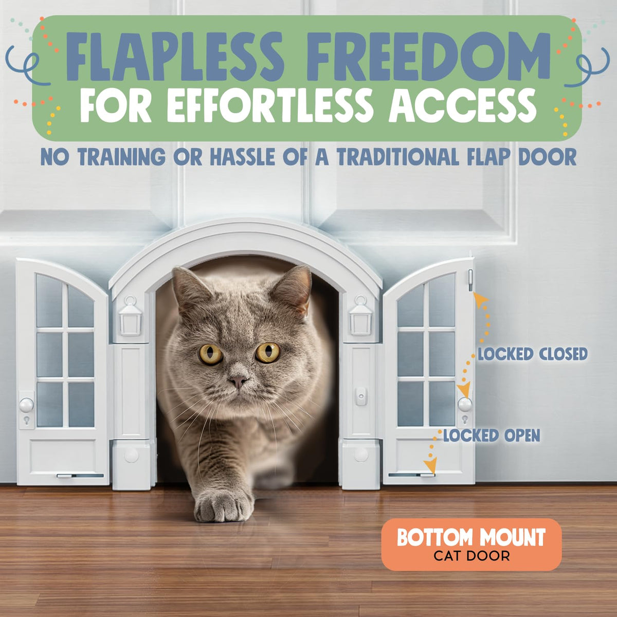 Purrfect Portal French® Cat Door - Stylish No-Flap Cat Door Interior Door for Average-Sized Cats Up to 20 lbs, Easy DIY Setup, Secured Installation in Minutes, No Training Needed, 7.13 x 8.32”
