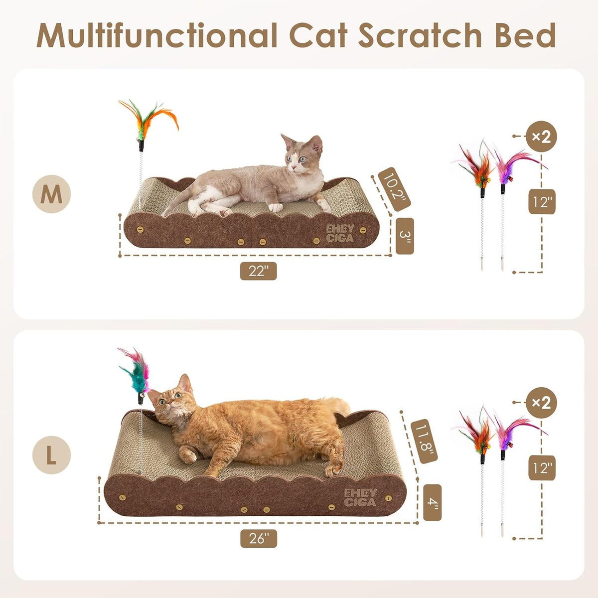 EHEYCIGA 26" Large Cardboard Cat Scratcher Bed with 2 Cat Toys, Brown