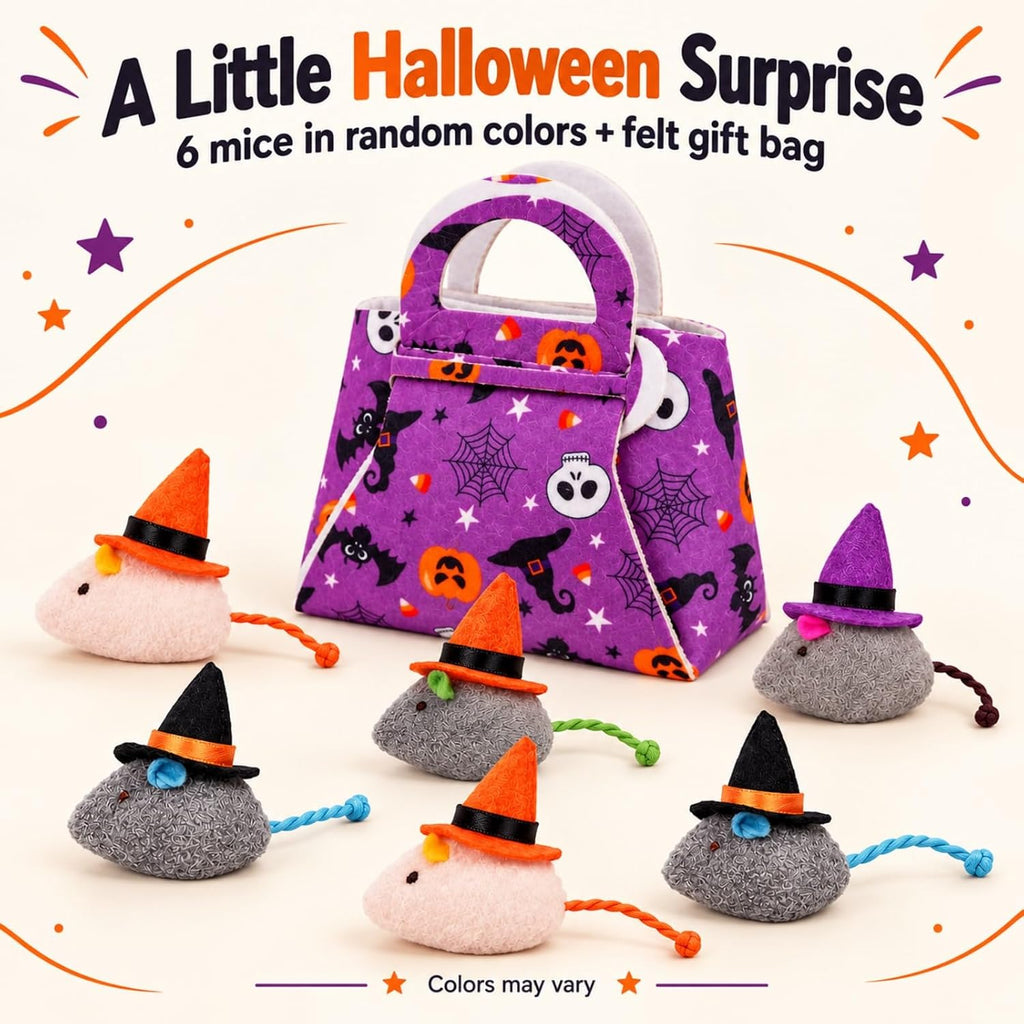 Halloween Cat Toys, 6-Pack Witch Hat Mice with Felt Gift Bag