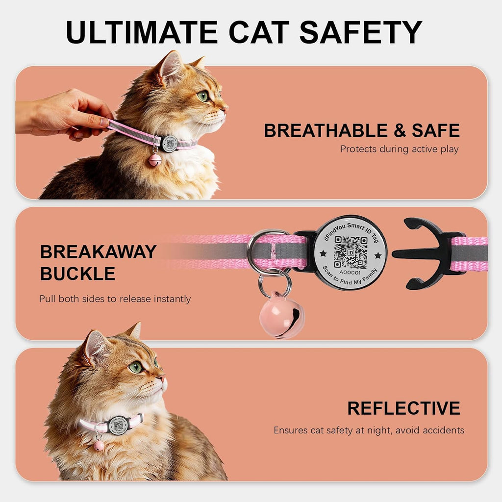 Cat Collar Breakaway QR Code, Reflective cat Collar with Bells, Pink