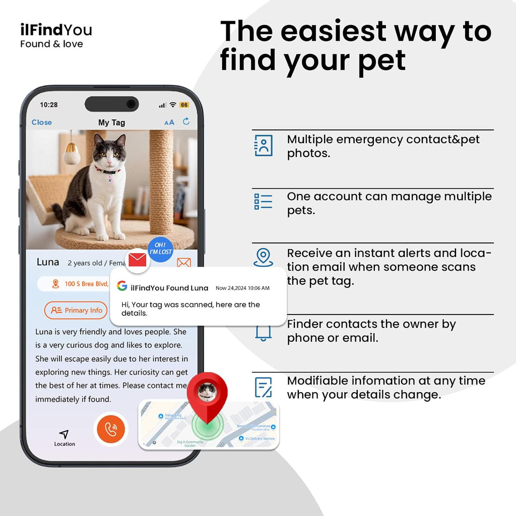 QR Code Cat Tags Personalized Small, Real-time Alerts, Pink