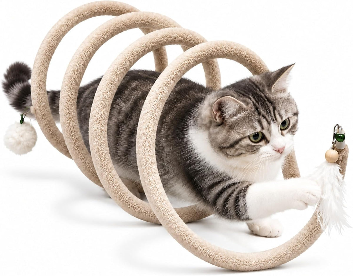 Cat Spiral Tunnel Toy, Plush Spring Coil with Feather Teaser, Bendable