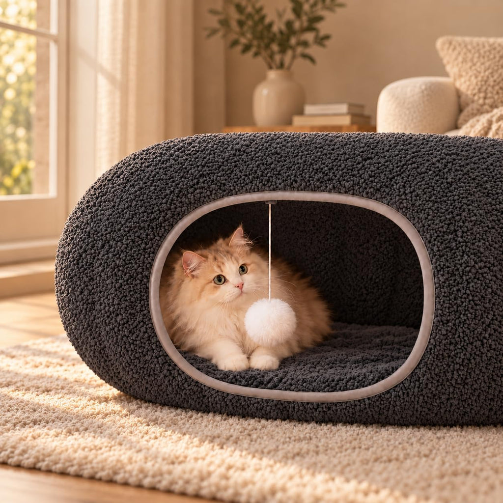 Cat Tunnel Bed with 2 Catnip Fish Toys, Interactive Cat Toys, Dark Grey