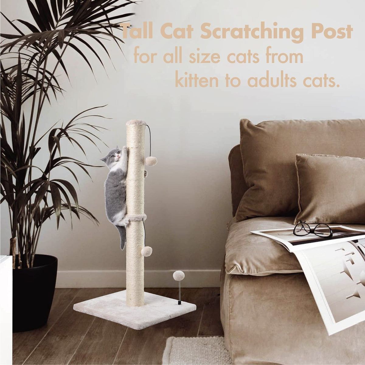 MECOOL 34” Tall Cat Scratching Post Premium Basics Kitten Scratcher Sisal Scratch Posts Trees with Hanging Ball for Indoor Cats, Beige