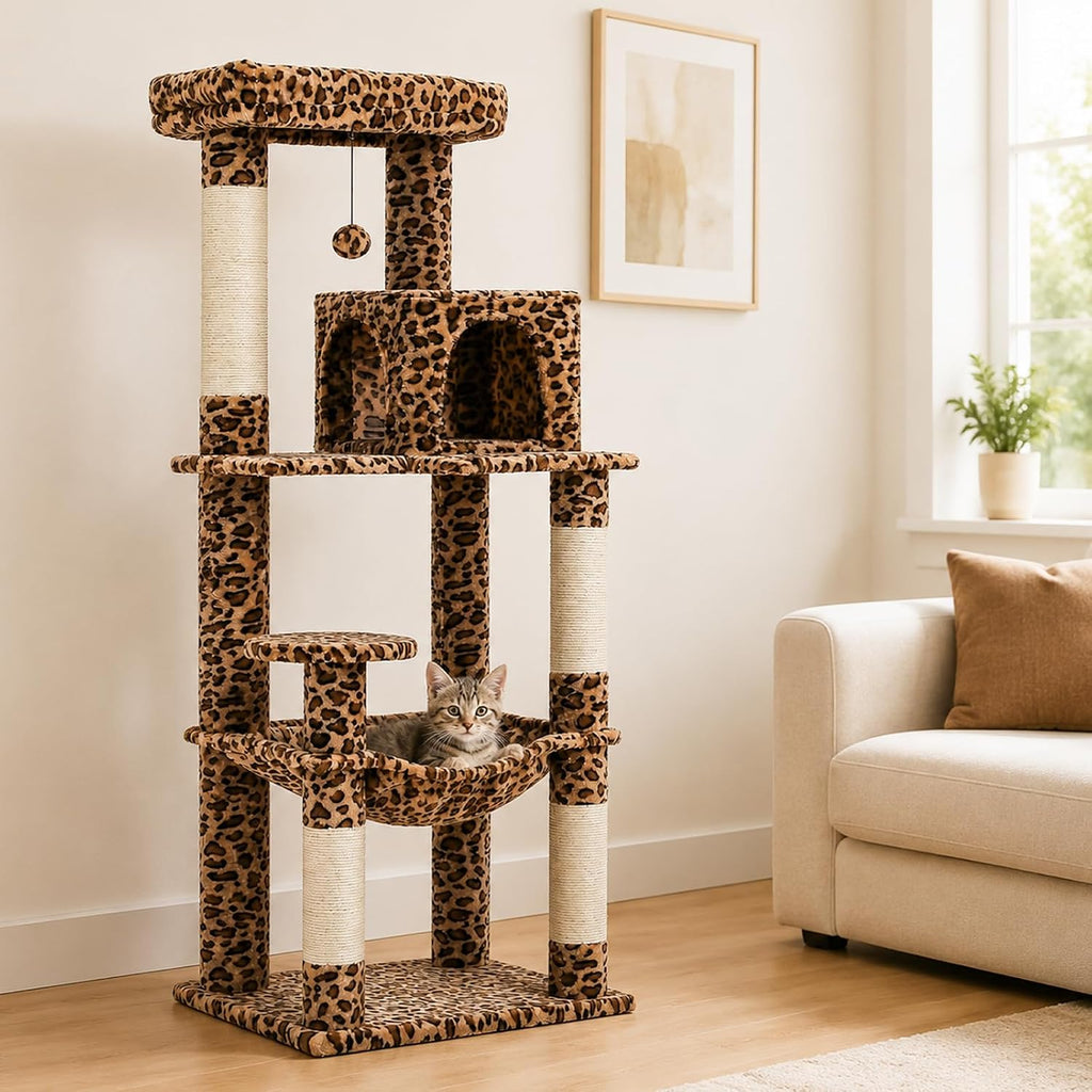 PETEPELA Leopard Print Cat Tree, 56in 4-Tier Cat Tower for Indoor Cats