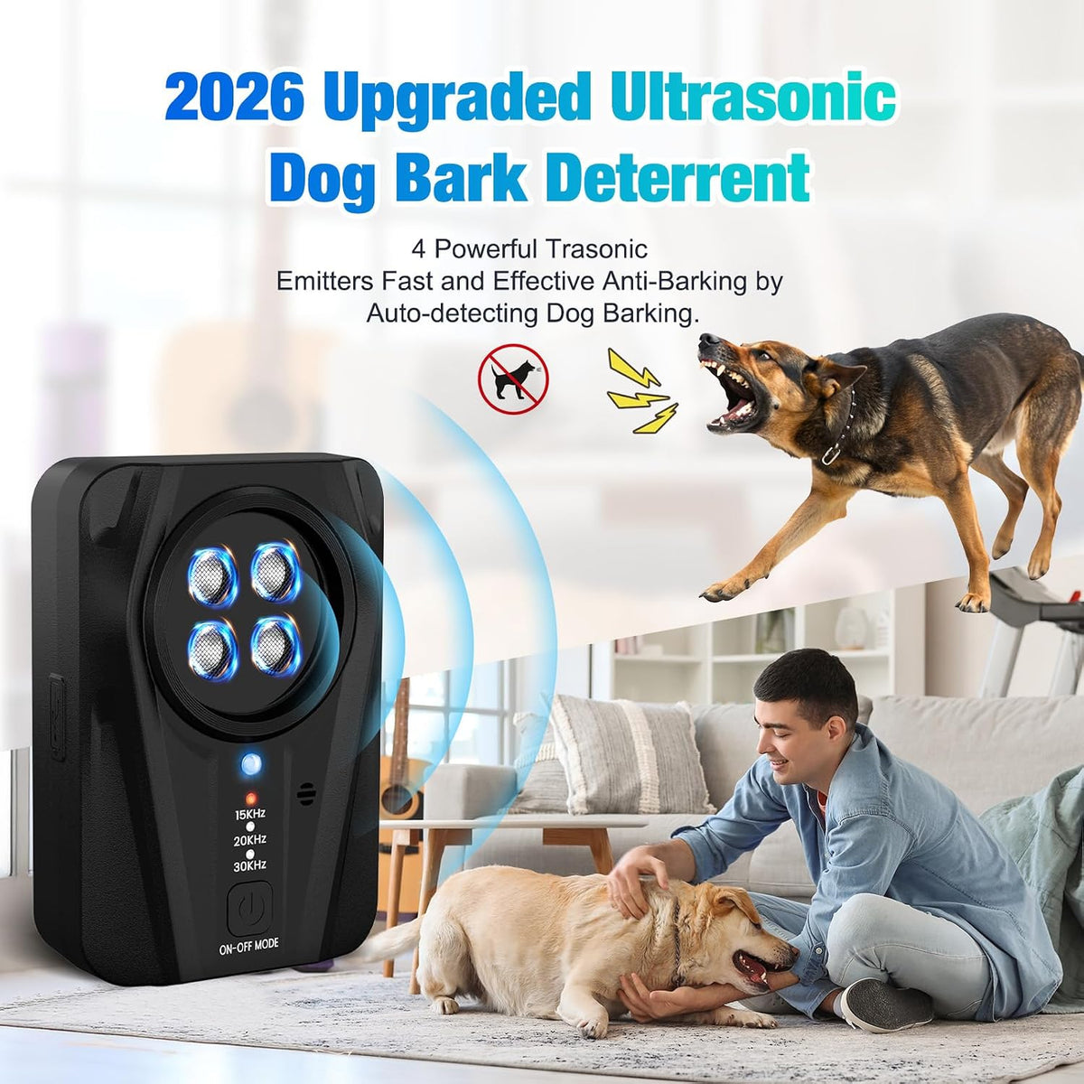 Dog Bark Deterrent Devices, Automatic Anti Barking Device with 4 Ultrasonic Transmitters Long Range 50FT, 3 Mode Recharg