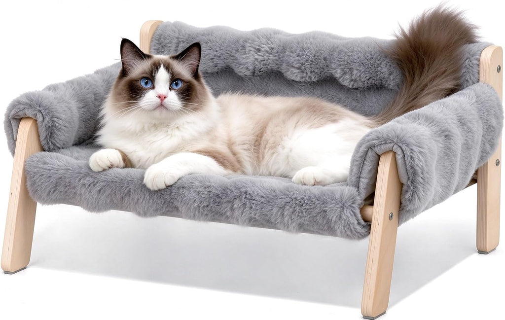 Elevated Cat Couch Bed for Indoor Cats - Wooden Cat Sofa with Removable Washable Cover, Cat Bed Furniture Raised Lounge 
