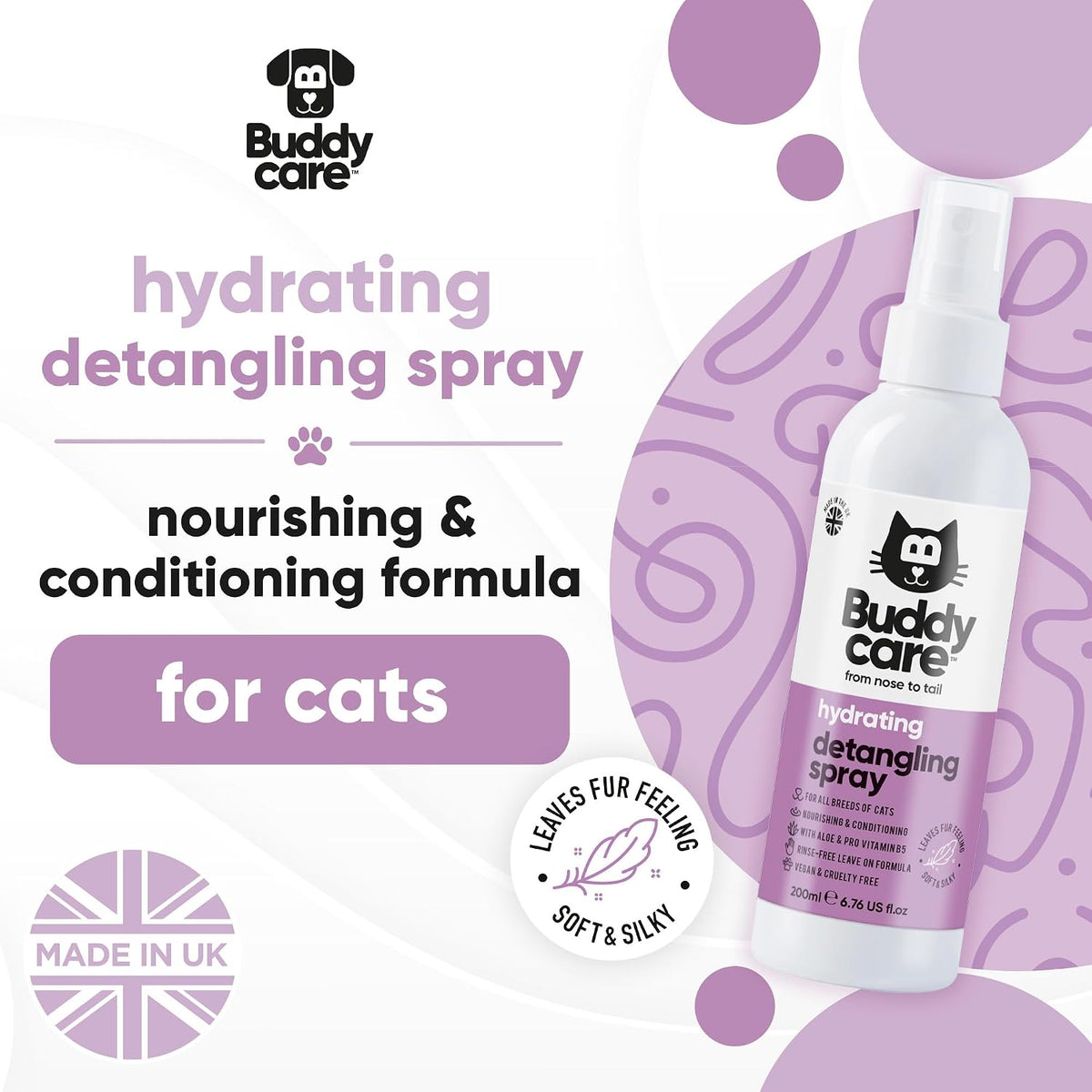 Buddycare Detangling Spray for Cats - Effective Cat Matted Fur Remover and Detangle Spray to Promote a Healthy Coat, Eas
