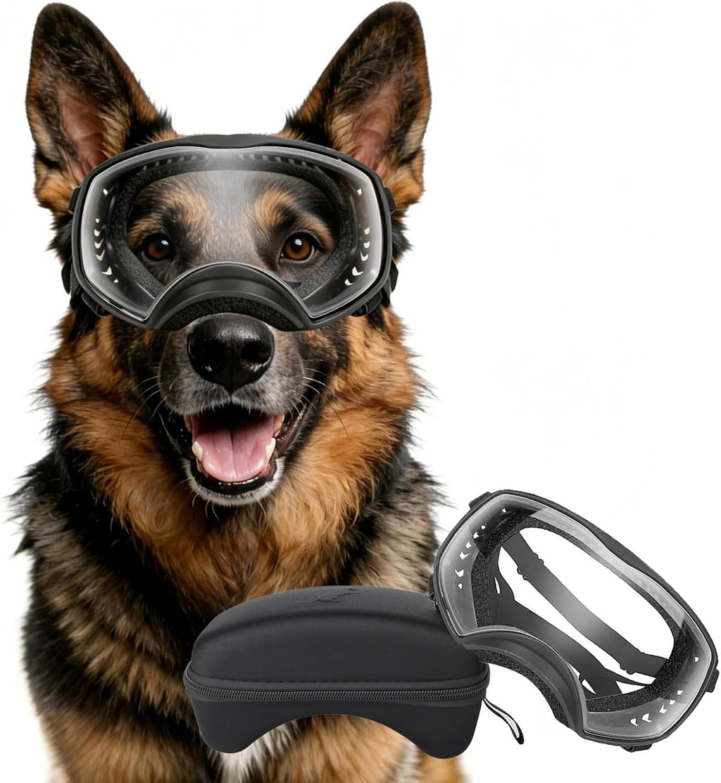 Dog Sunglasses UV Protection Clear Dog Goggles Windproof Glasses with Elastic Straps for Medium-Large Breed, Black Frame