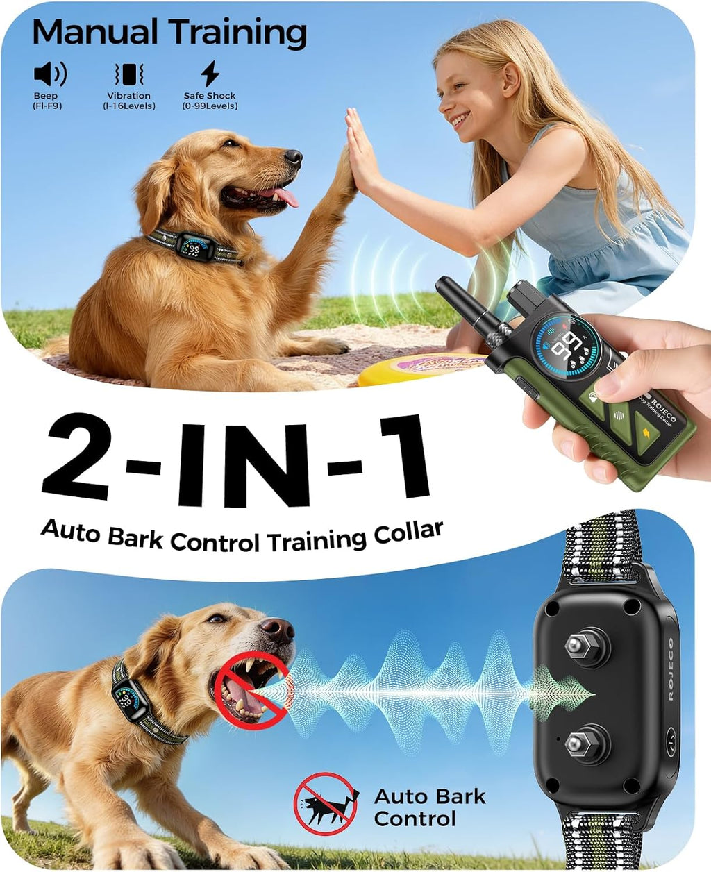 2-in-1 Dog Shock Collar & Dog Bark Collar,Smart Anti-Barking