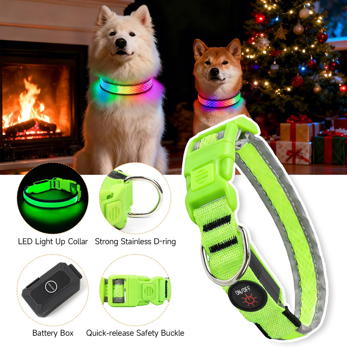 PWOD LED Dog Collar, Light Up Dog Collar,for Night Walking(Large,Green)