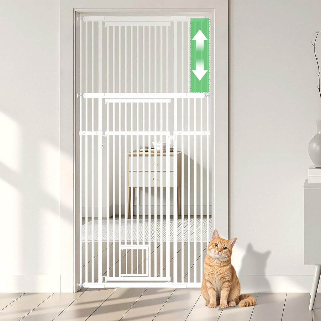 54"-87" Height Adjustable Extra Tall Cat Gate for Doorway, 27.1"-33" Wide Pet Gate with Cat Door & Extension Kits, Press