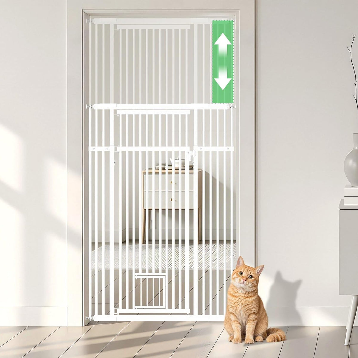 54"-87" Height Adjustable Extra Tall Cat Gate for Doorway, 27.1"-33" Wide Pet Gate with Cat Door & Extension Kits, Press