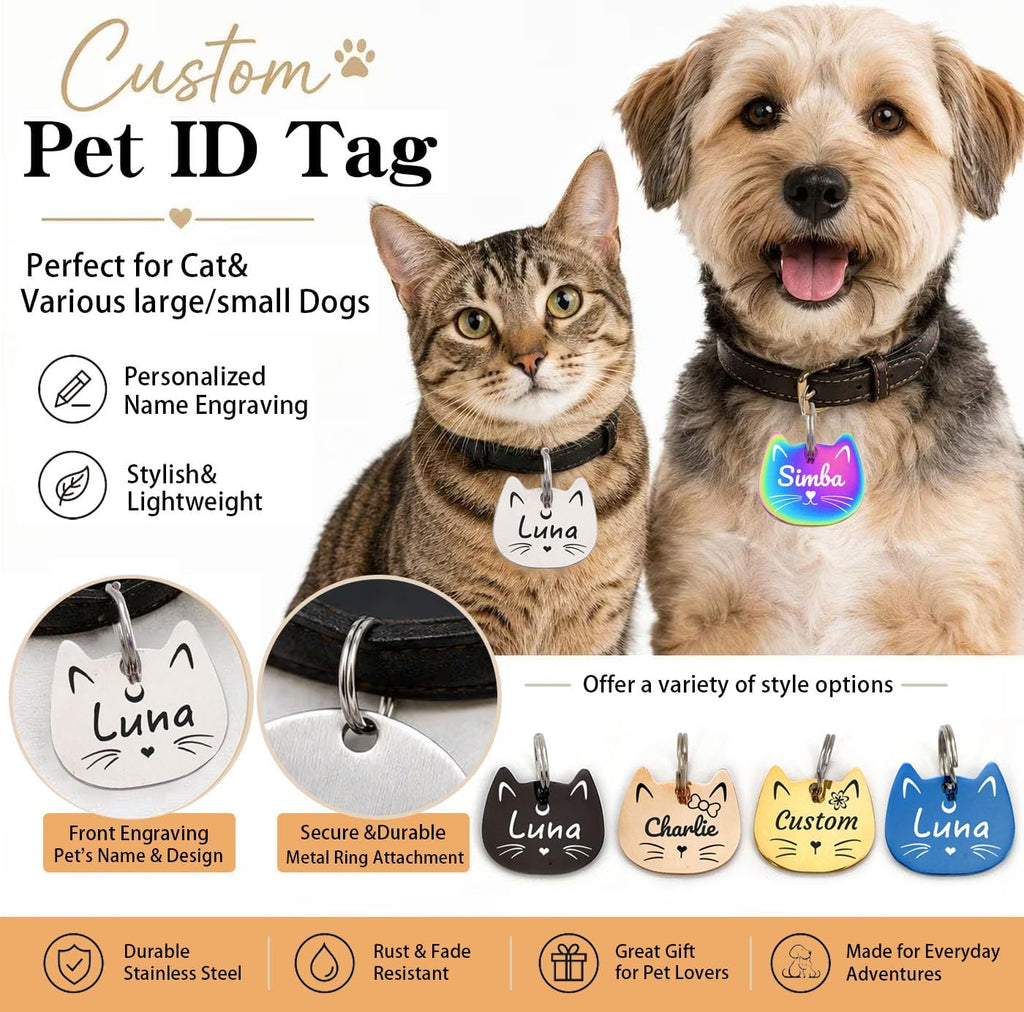 Personalized Cat Head ID Tag, Stainless Steel Engraved Pet Name Tag