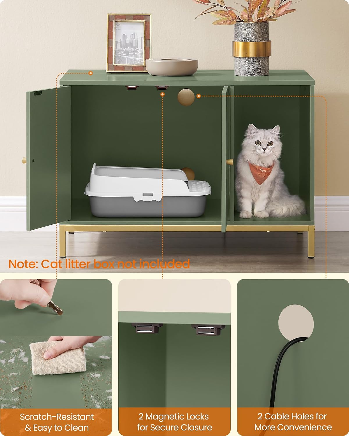 Feandrea Cat Litter Box Enclosure, with Scratching Mat, Tall Legs