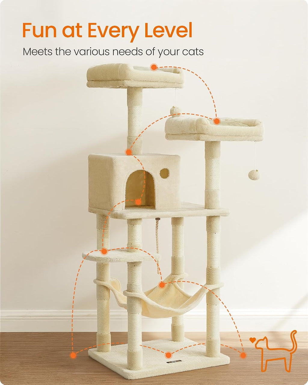 Feandrea Cat Tree, 55.8-Inch Large Cat Tower, Multi-Level Condo, Beige