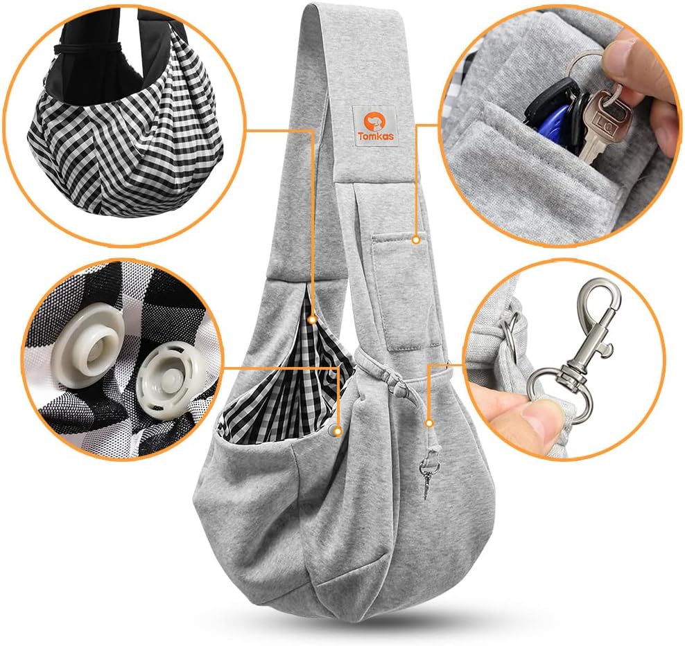 Tomkas Small Dog Cat Sling Carrier Puppy Purse Travel Wrap Soft Crossbody Pet Bag (Gray, M - Classic Pocket & Classic St