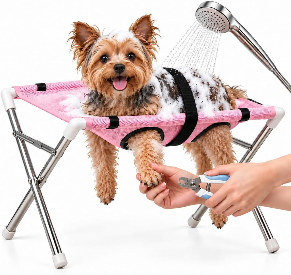 Dog Grooming Hammock with Stand for Small Dogs and Cats, Foldable Stainless Steel Frame, 8-Opening Mesh Sling for Nail T