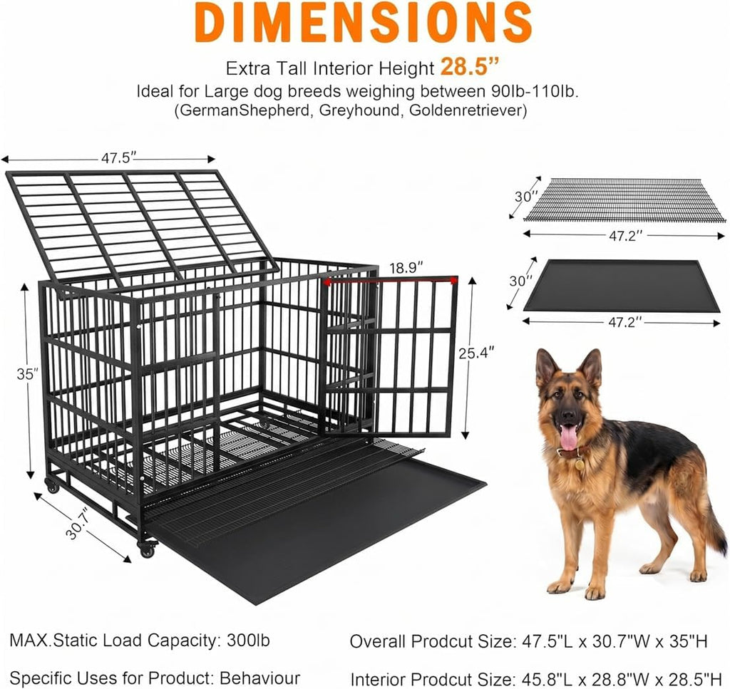 KOKOTANGS 48 Inch Heavy Duty Dog Crate Cage with Wheels, Indestructible and Escape Proof Steel Kennel Indoor for High An