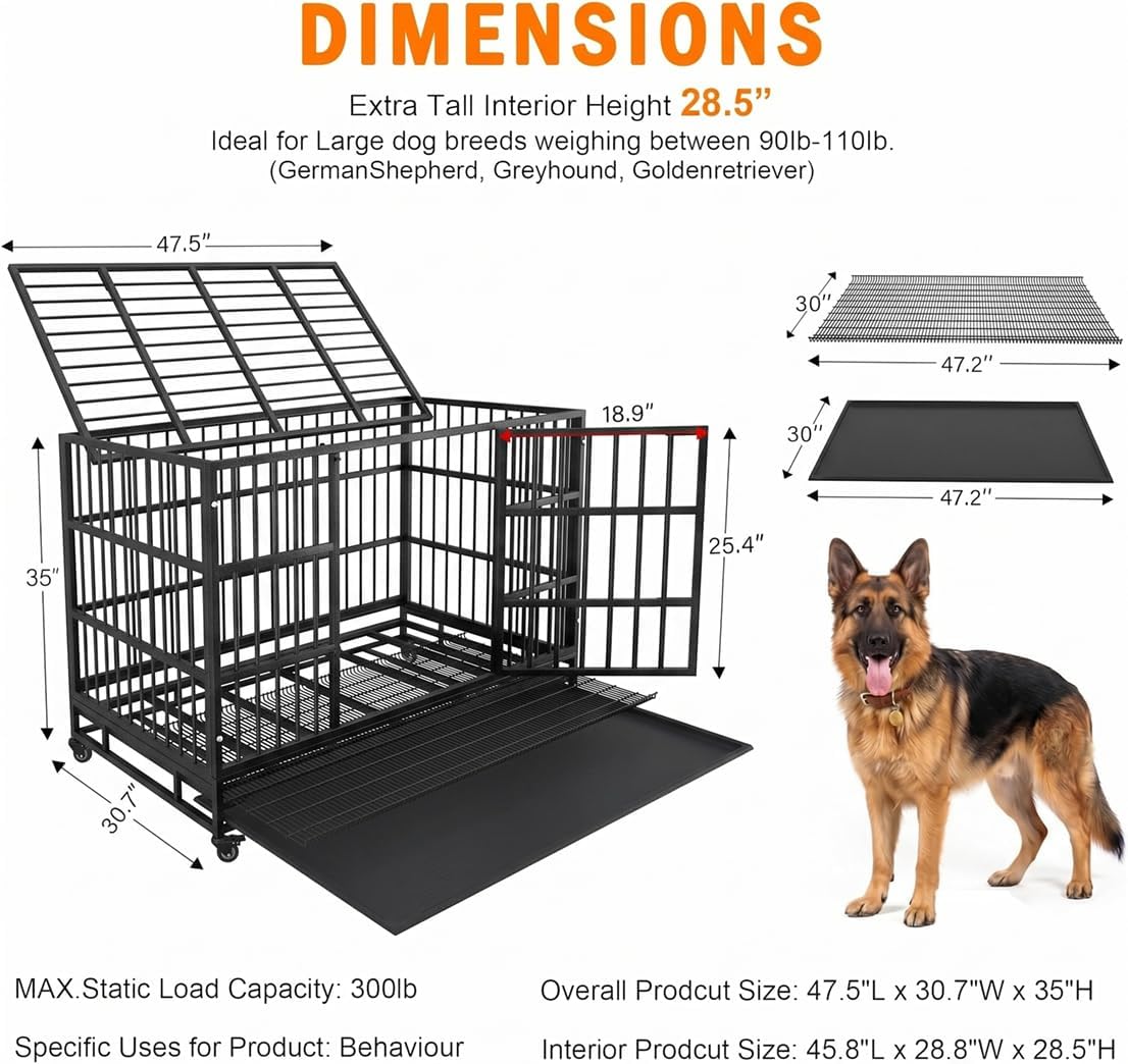 KOKOTANGS 48 Inch Heavy Duty Dog Crate Cage with Wheels, Indestructible and Escape Proof Steel Kennel Indoor for High An